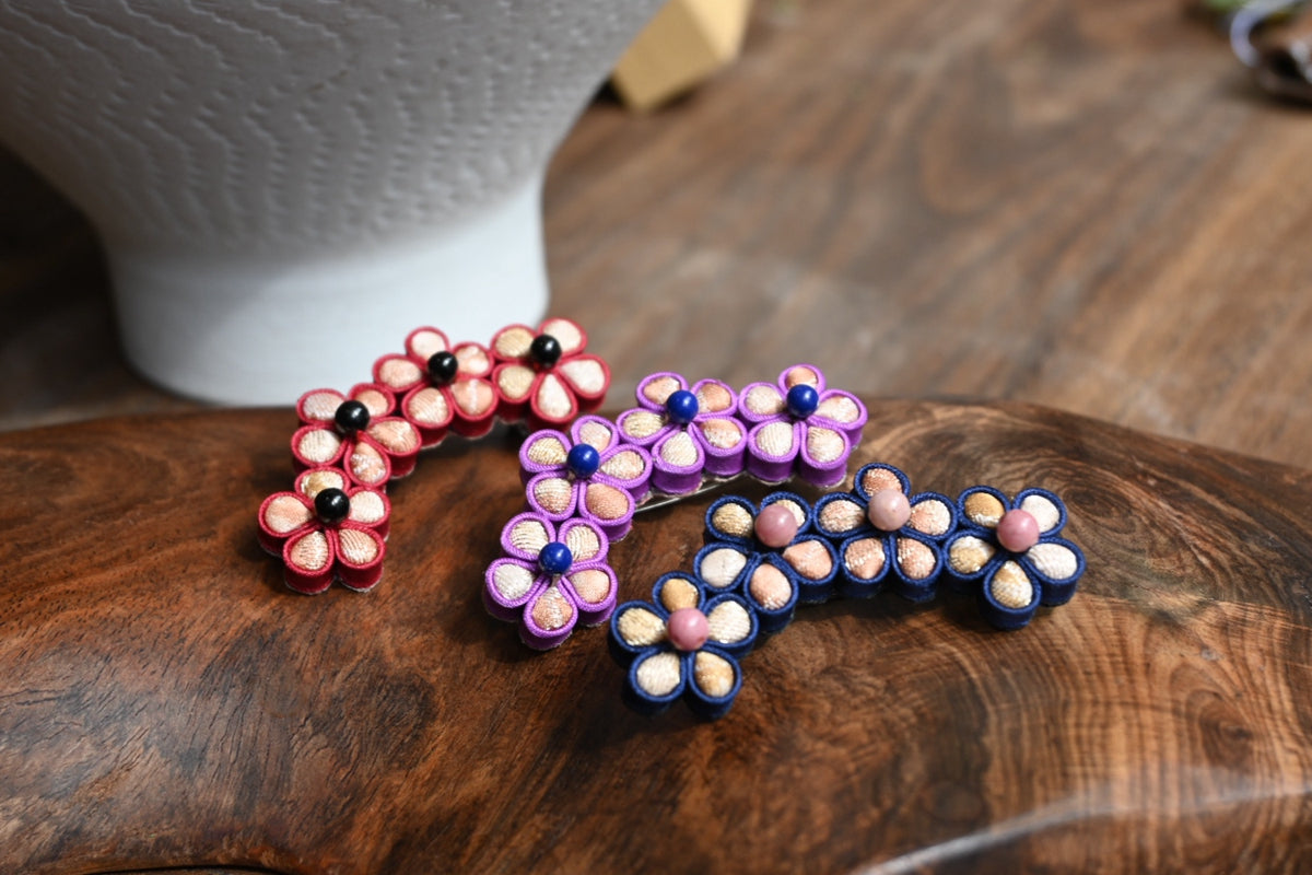Handmade Four-Flower Original Knot Button Brooch (Red, Purple, and Blue)
