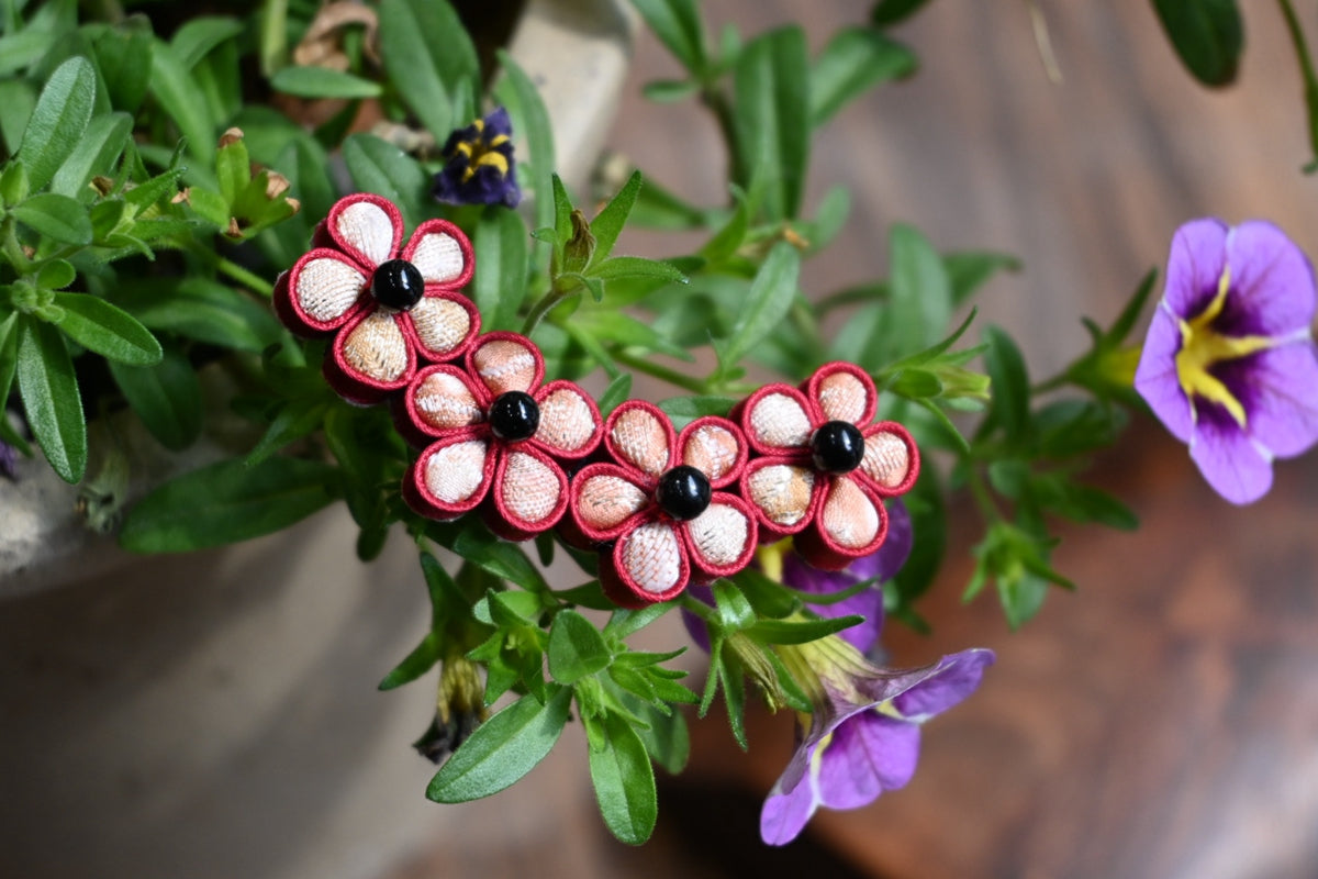 Handmade Four-Flower Original Knot Button Brooch (Red, Purple, and Blue)
