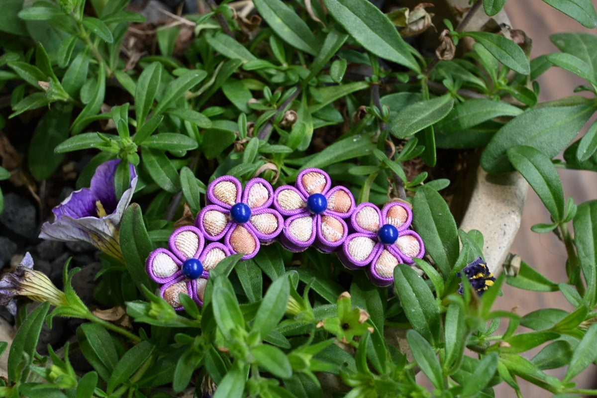 Handmade Four-Flower Original Knot Button Brooch (Red, Purple, and Blue)