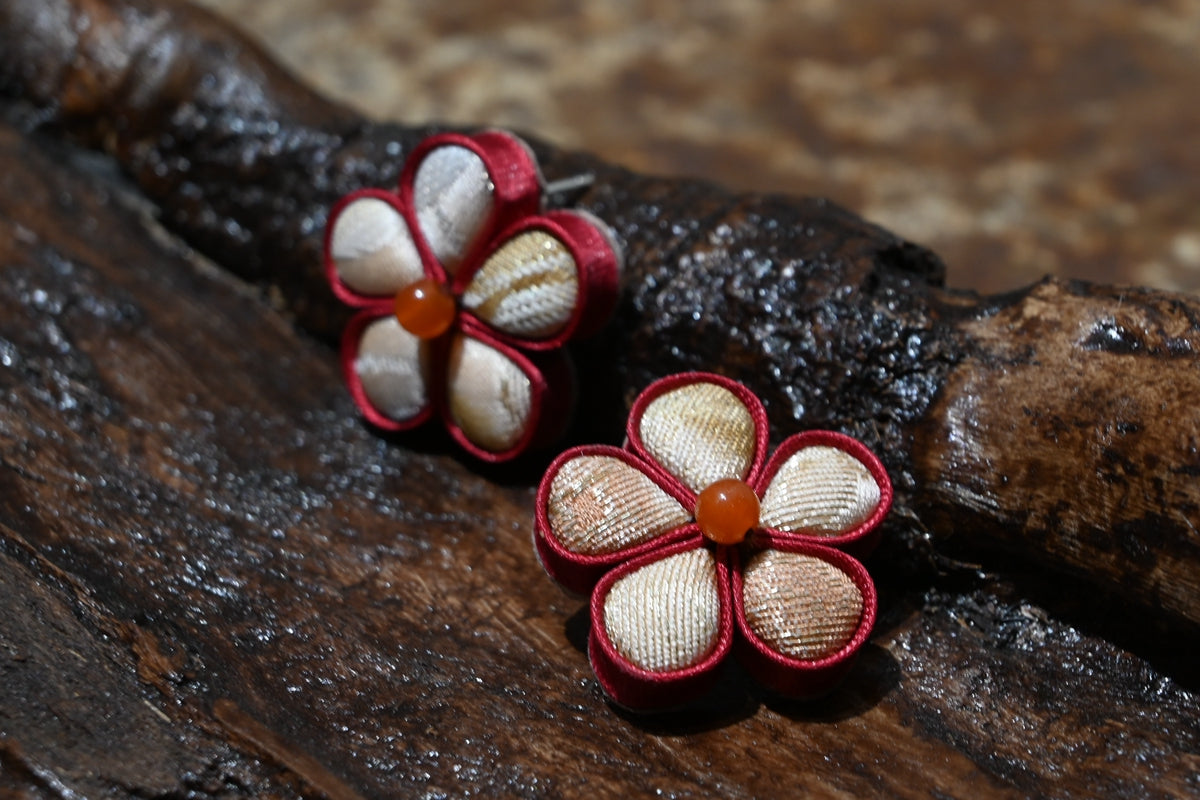 Handmade Knotted Flower Earrings (Red, Green, and Gold)