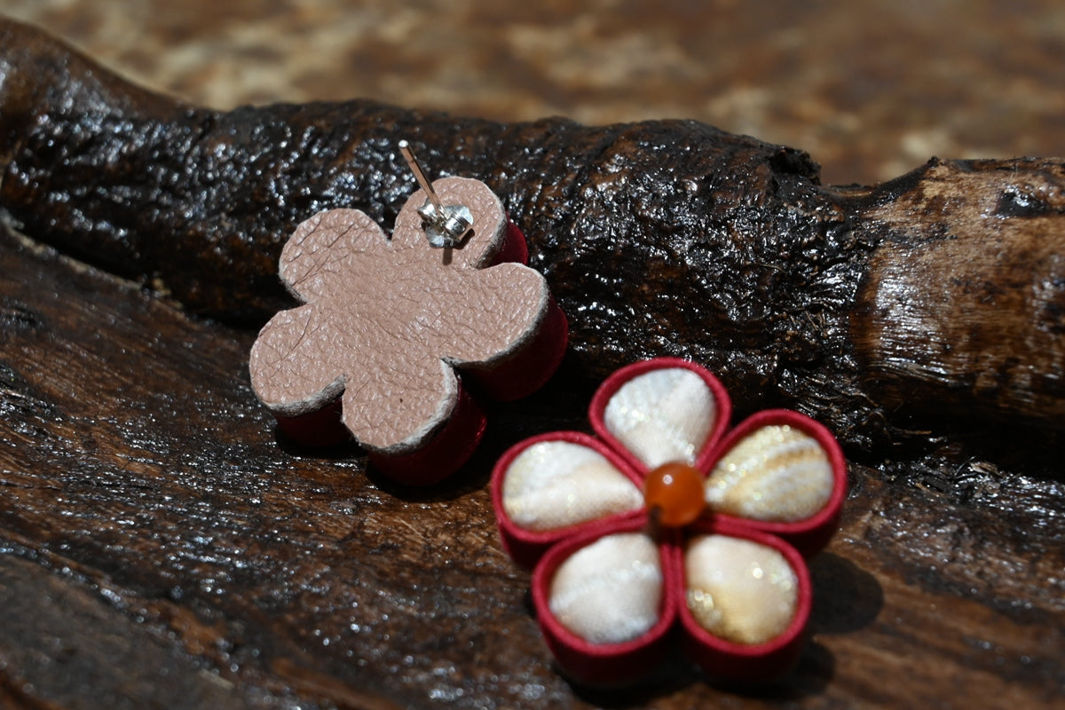 Handmade Knotted Flower Earrings (Red, Green, and Gold)