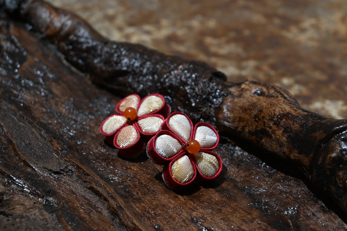 Handmade Knotted Flower Earrings (Red, Green, and Gold)