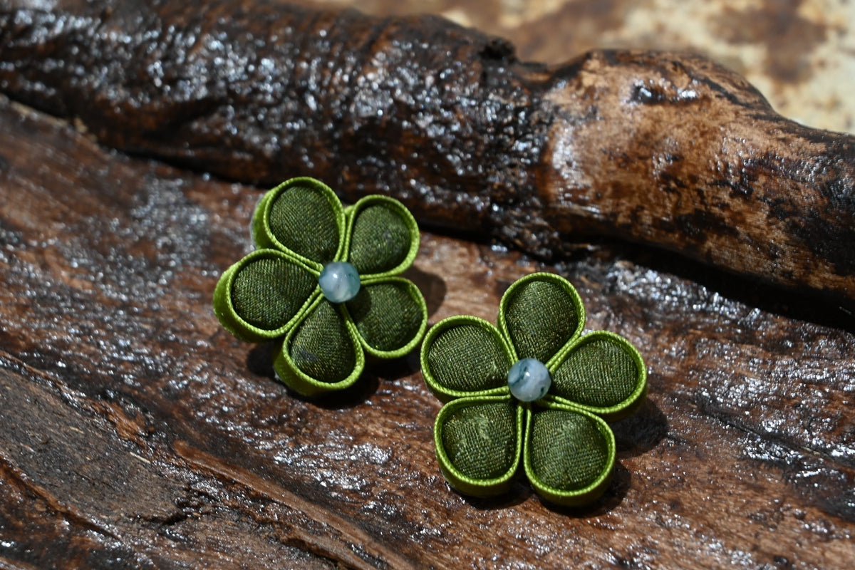 Handmade Knotted Flower Earrings (Red, Green, and Gold)
