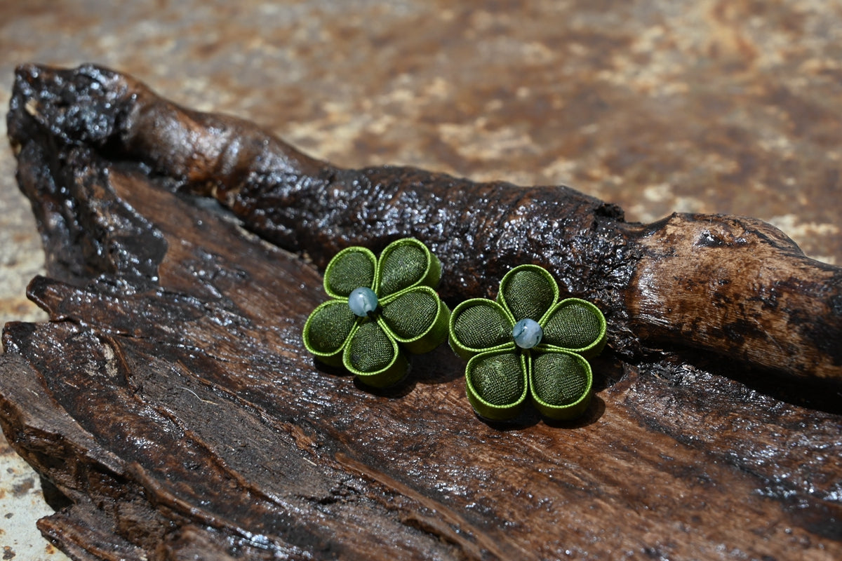 Handmade Knotted Flower Earrings (Red, Green, and Gold)