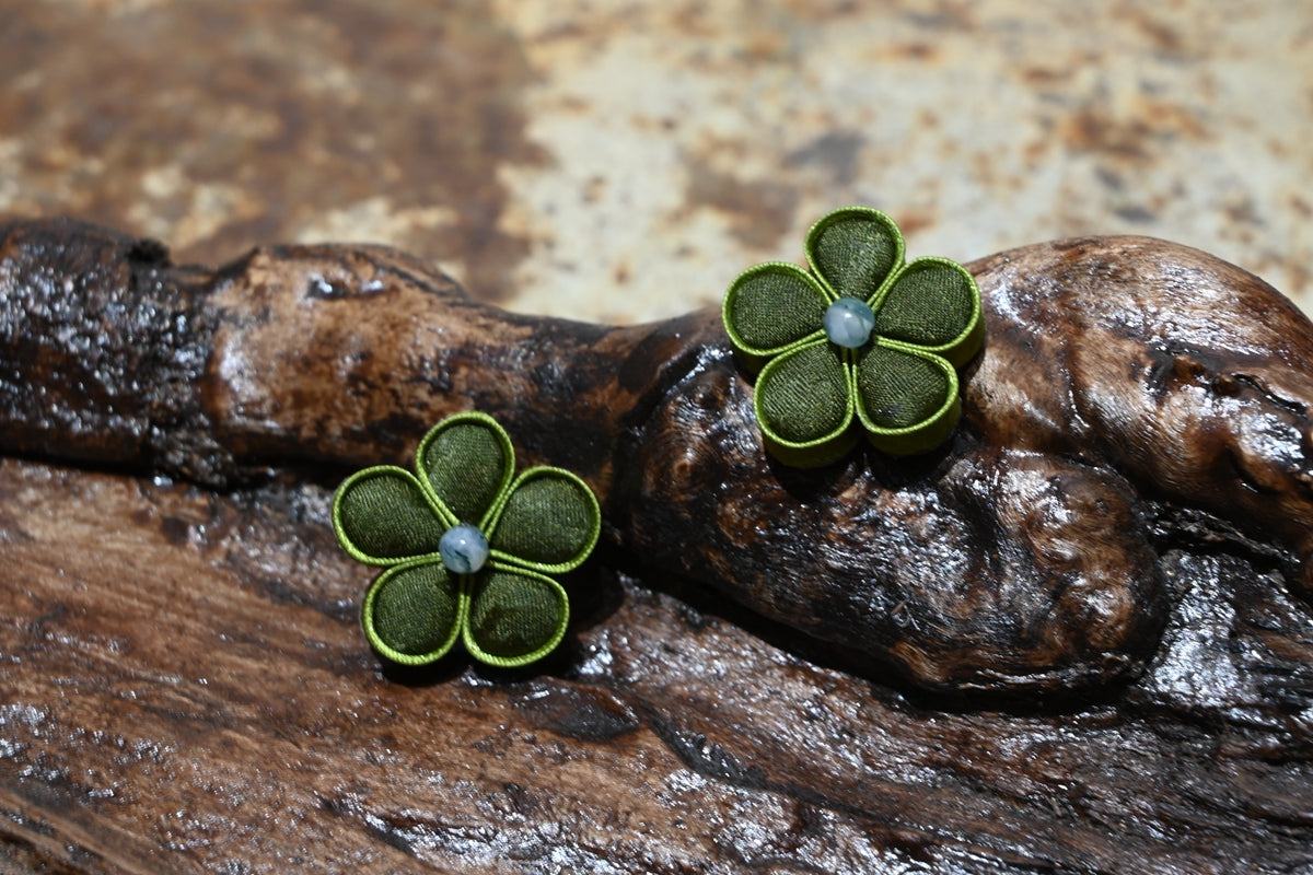 Handmade Knotted Flower Earrings (Red, Green, and Gold)