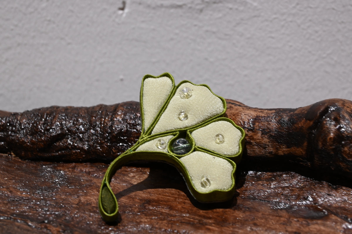 Handmade Ginkgo Leaf Knot Button Brooch (Gold and Green)