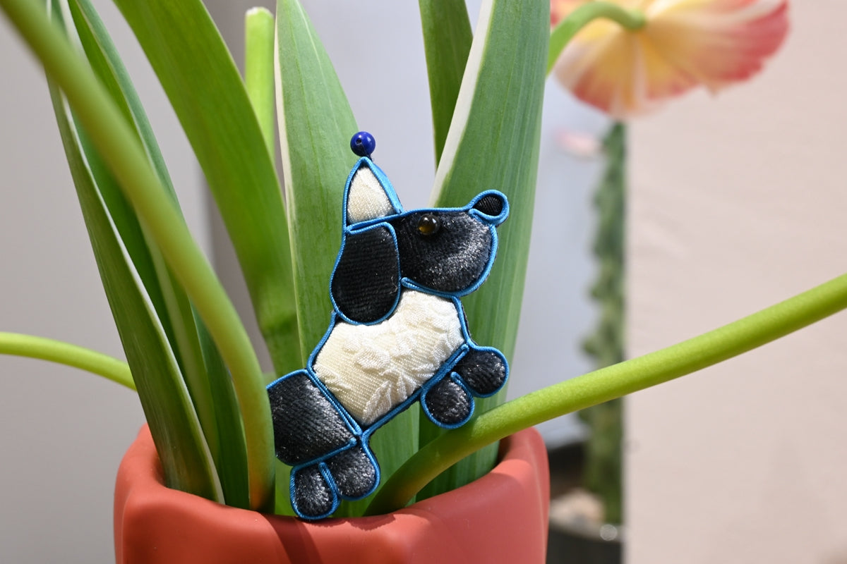 Handmade Traditional Knot Button Dog with Hat Brooch (Blue and Yellow)