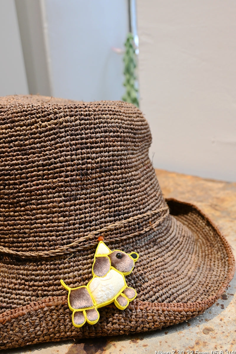 Handmade Traditional Knot Button Dog with Hat Brooch (Blue and Yellow)