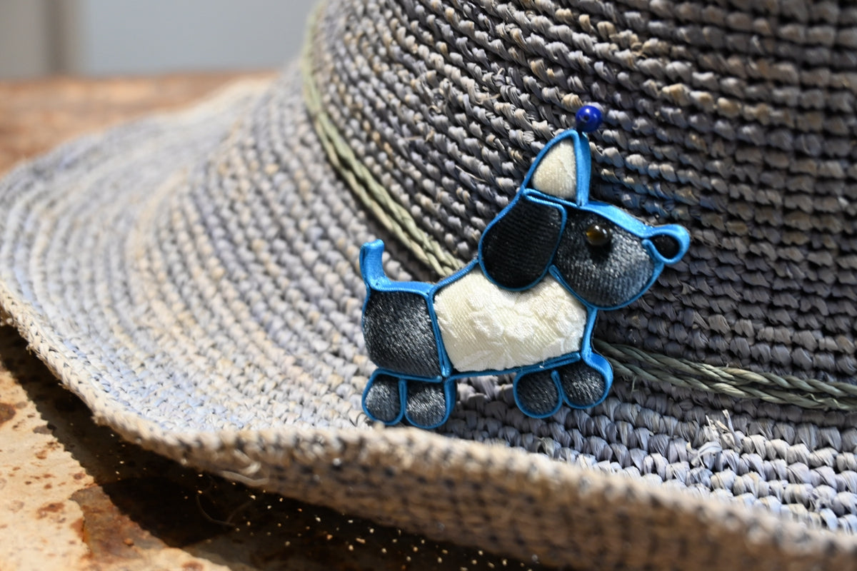 Handmade Traditional Knot Button Dog with Hat Brooch (Blue and Yellow)