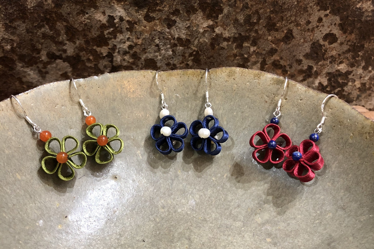 Handmade Flower Earrings (Green, Red, and Blue)