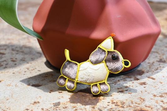 Handmade Traditional Knot Button Dog with Hat Brooch (Blue and Yellow)